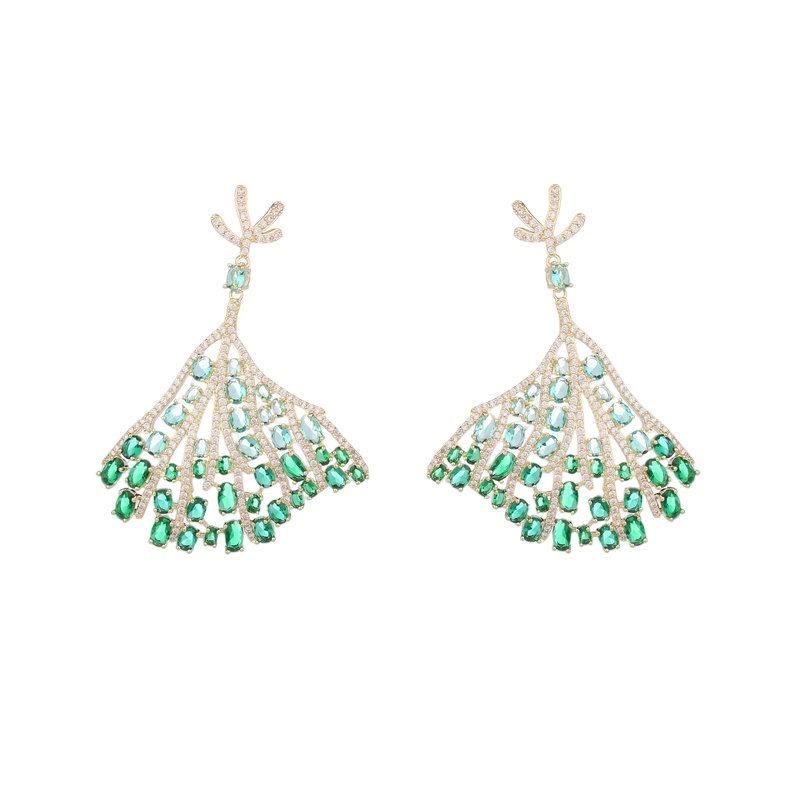 Light Luxury High-end Zircon Fan Earrings European and American Long Atmospheric Banquet Dress with Earrings