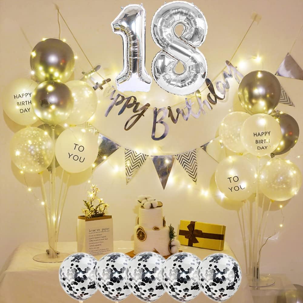 2 Balloons Number 18 + Happy Birthday Garland + Silver Banner Foil Balloon 18th Birthday Decoration+5 Confetti Balloons Boy Girl 18 Year Birthday