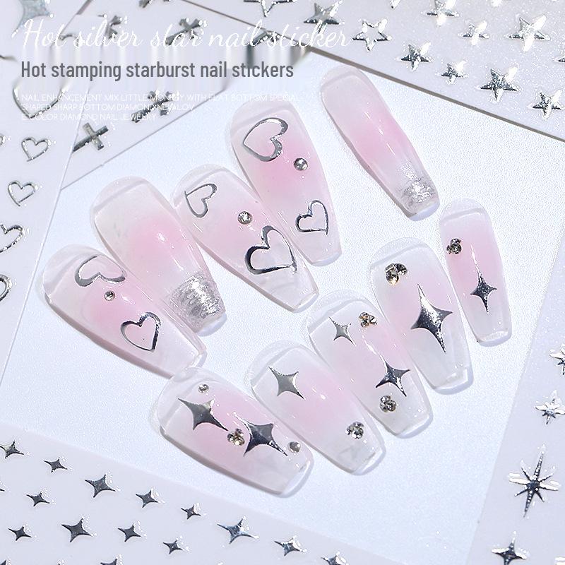 Trendy Silver Mirror Nail Stickers: Stars, Hearts, Moons & Chrome Designs