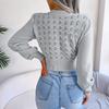 Women's Autumn and Winter Solid Color Hollow Striped Lantern Sleeve Crop Knit Sweater