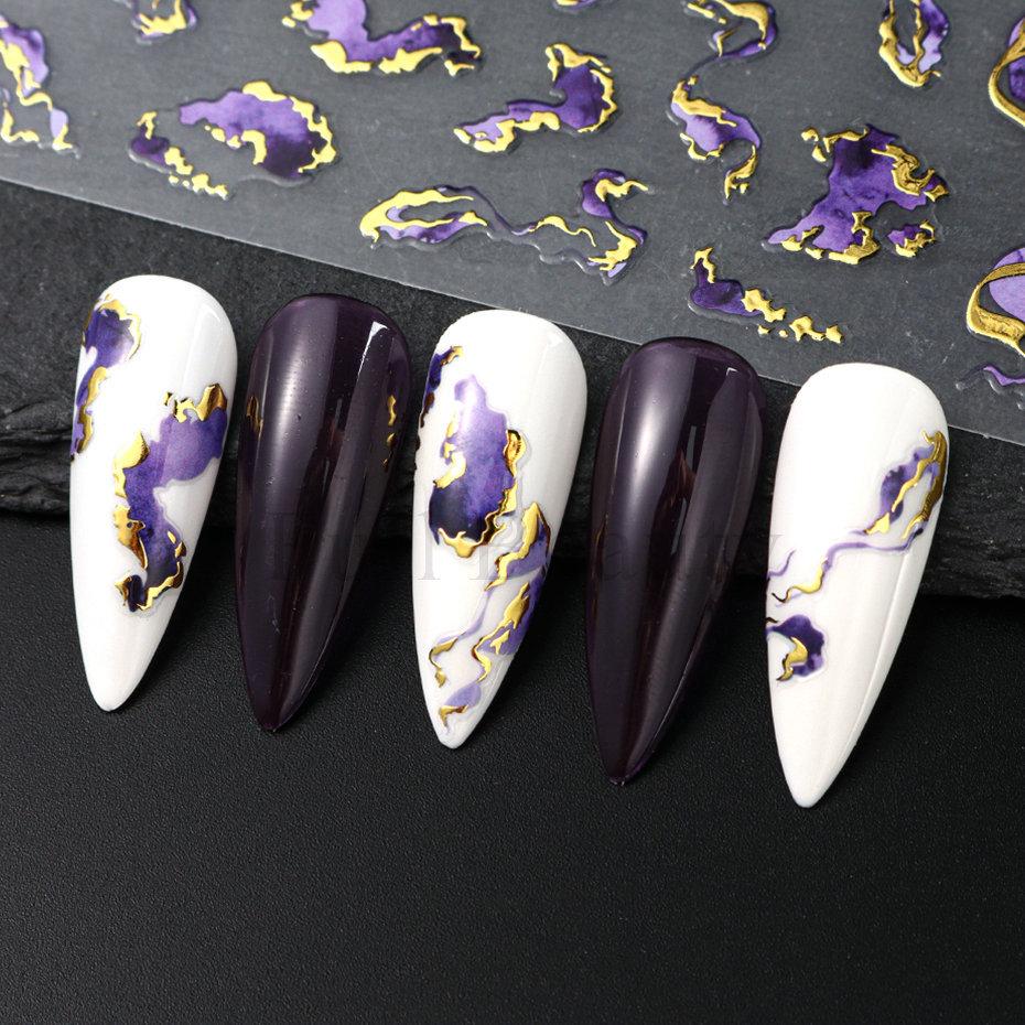 1 buc. Autocolante pentru unghii cu model de marmură mov înflorită, Decaluri pentru unghii cu design de fum, Linii aurii ondulate 3D, Glisoare geometrice pentru unghii, Decorațiune pentru manichiură