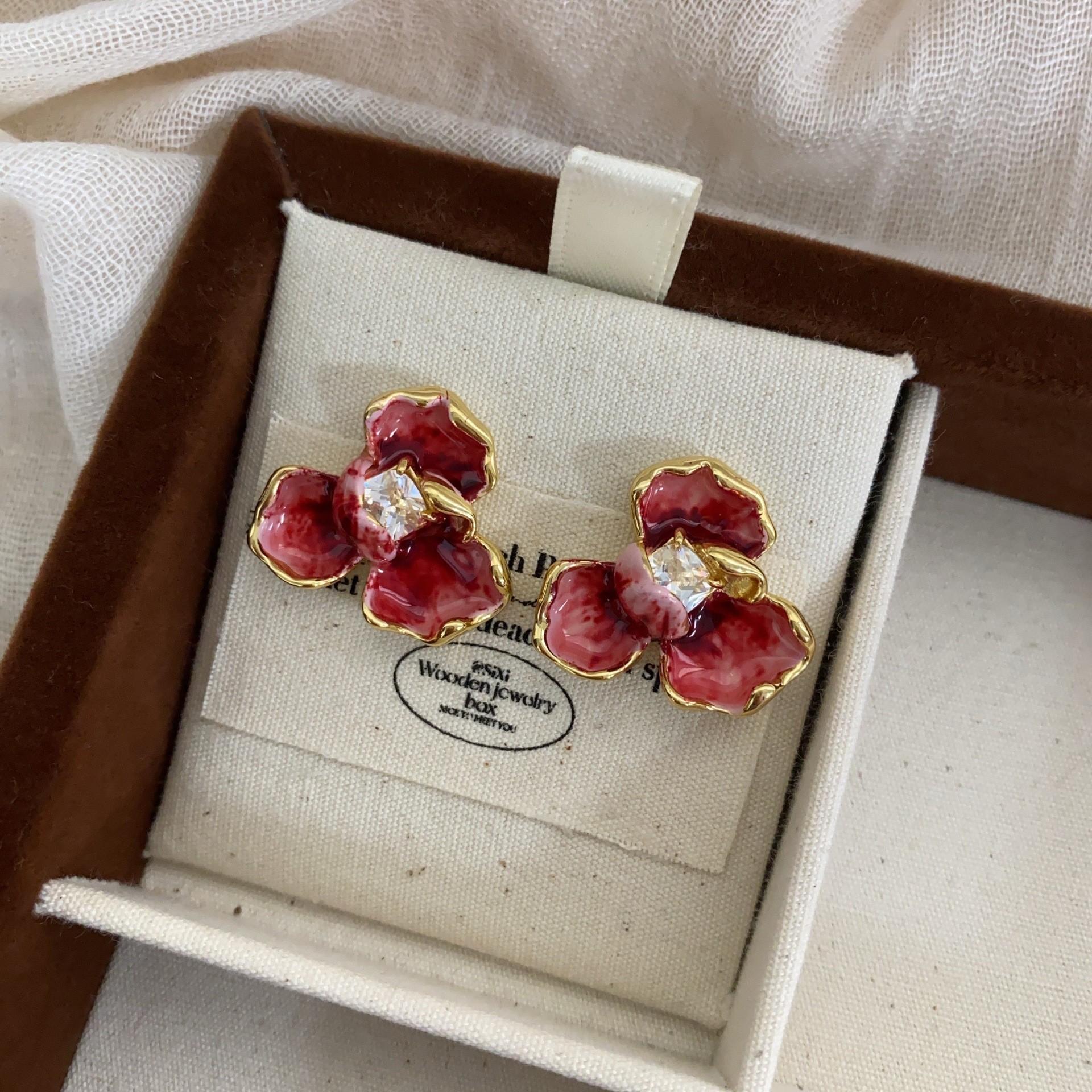 Enamel Craft Red Petal Zircon Pearl Stud Earrings 20 Earrings Light Luxury Gorgeous Temperament Earrings