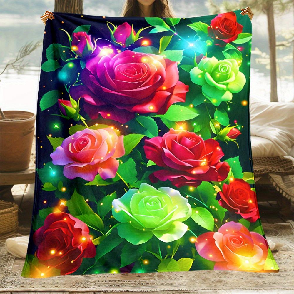 1pc Glowing Roses Floral Garden Fleece Blanket Vibrant Colorful Flower Design Soft Throw for Bedroom Living Room Decor Gift