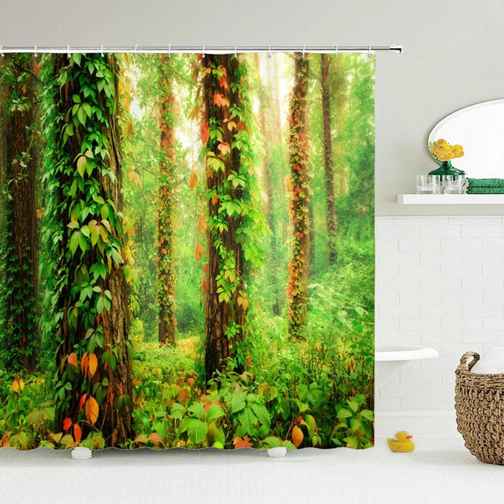 Modern Forest Shower Curtain Green Plant Tree Landscape Shower Curtain Bathroom Waterproof Bathroom Decor Cortina De La Ducha