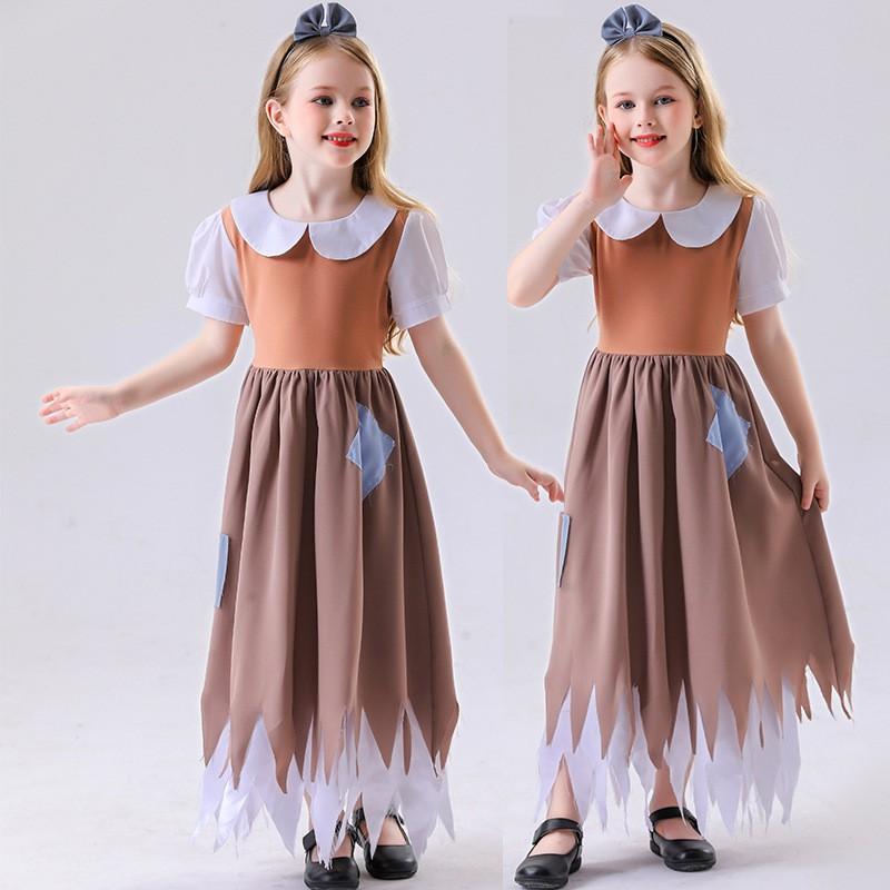 Halloween Costume Girls Cosplay Cinderella Maid Dress Brown Cotton Party Outfit Ages 18-24