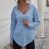 Women Drawstring Hoodie Long Sleeve Waffle Knit V Neck Chest Pocket Curved Hem Loose Casual Pullover Tops