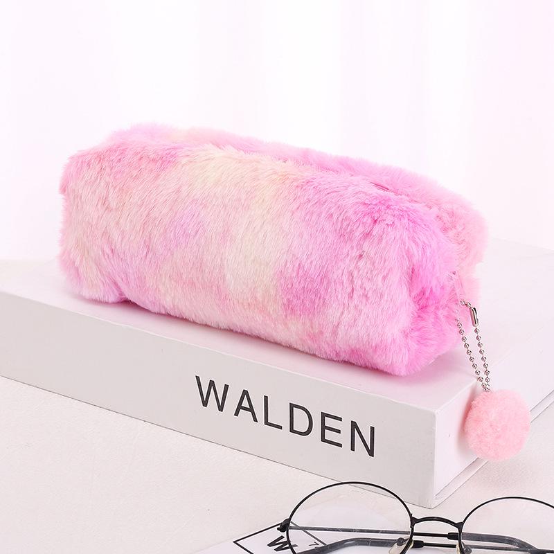 Gradient Plush Pencil Case: Cute Octagonal Stationery Box for Girls