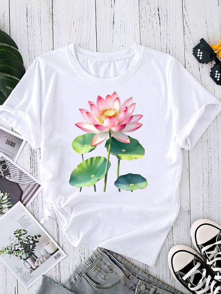 (Asian Size) Tee Fashion Print Casual Top O-neck Short Sleeve T-shirts Sweet Flower Style 90s T Graphic Female Women's Clothing