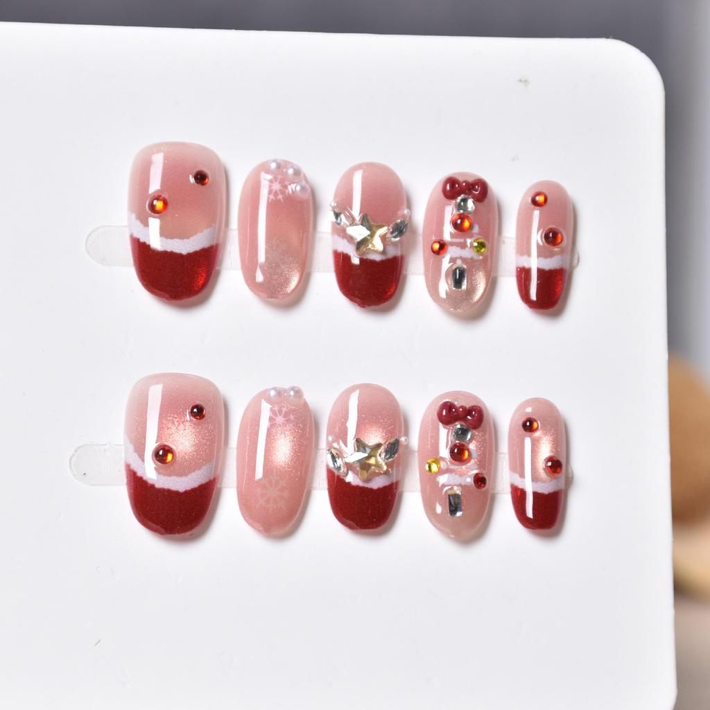 Christmas Red French Short Oval Nails with Bow & Snowflake Design