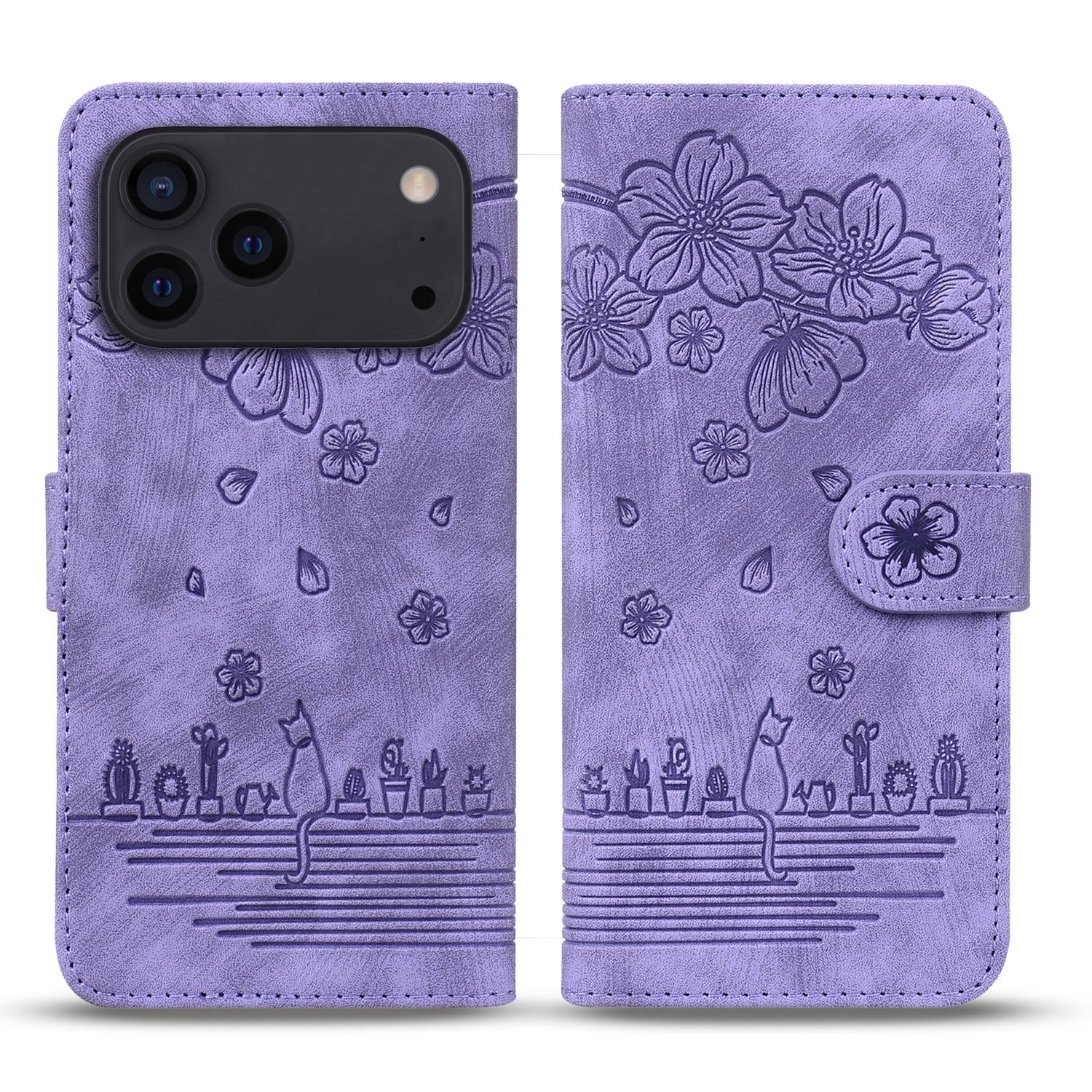 

For iPhone 17 Pro Case Cherry Blossom Cat Imprinted Leather Phone Cover with Wrist Strap Purple