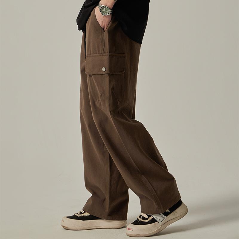 Men's Sweatpants Spring Autumn Vintage Japanese Wide Leg Straight Loose Button Big Pockets Cargo Pants Drawstring Trousers