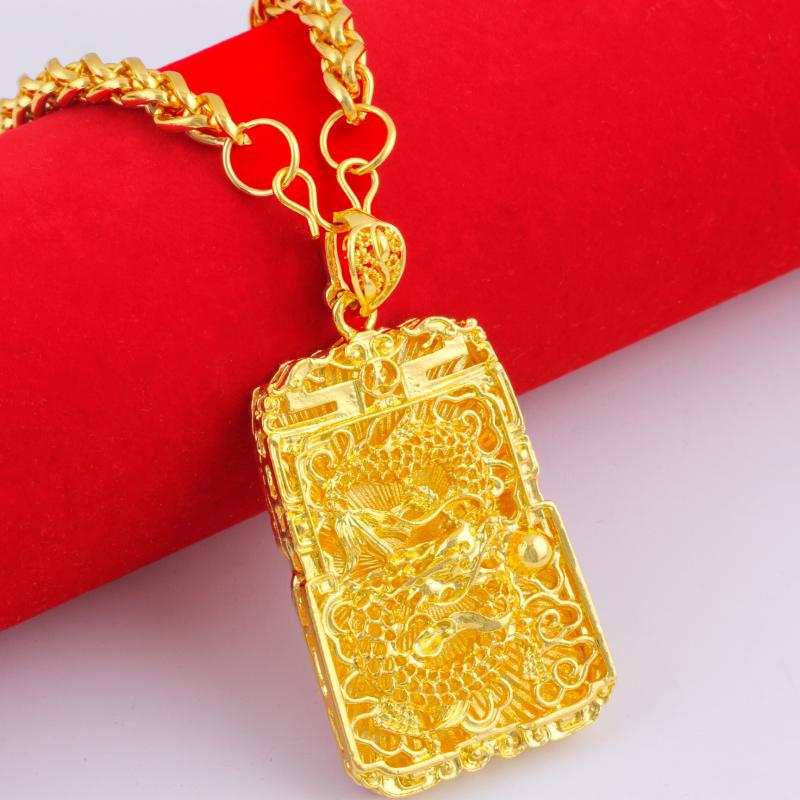 Men's Gold-plated Large Tag Necklace, Flame Square Dragon Brand, Guanyin Maitreya Buddha Pendant Necklace.