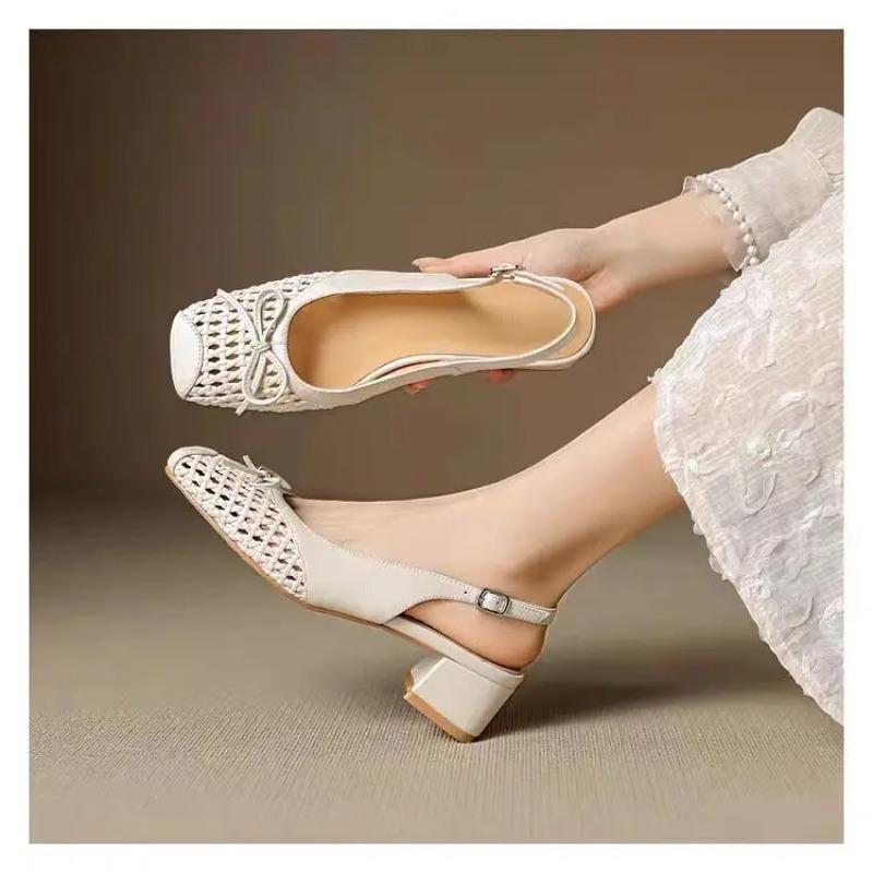 Retro Square Toe Woven High Heeled Sandals Summer Fashionable Breathable Single Buckle Thick Heeled Women's Shoes