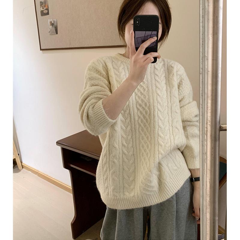 

Lazy wind thickened retro twisted pullover sweater women s autumn and winter new loose round neck knitted bottoming top One size