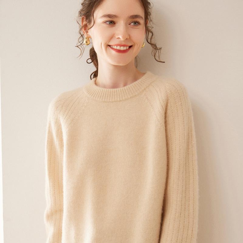 Women's Thickened Cashmere Raglan Sweater - Loose Fit, Solid Color, Round Neck, Autumn/Winter Fashion Pullover