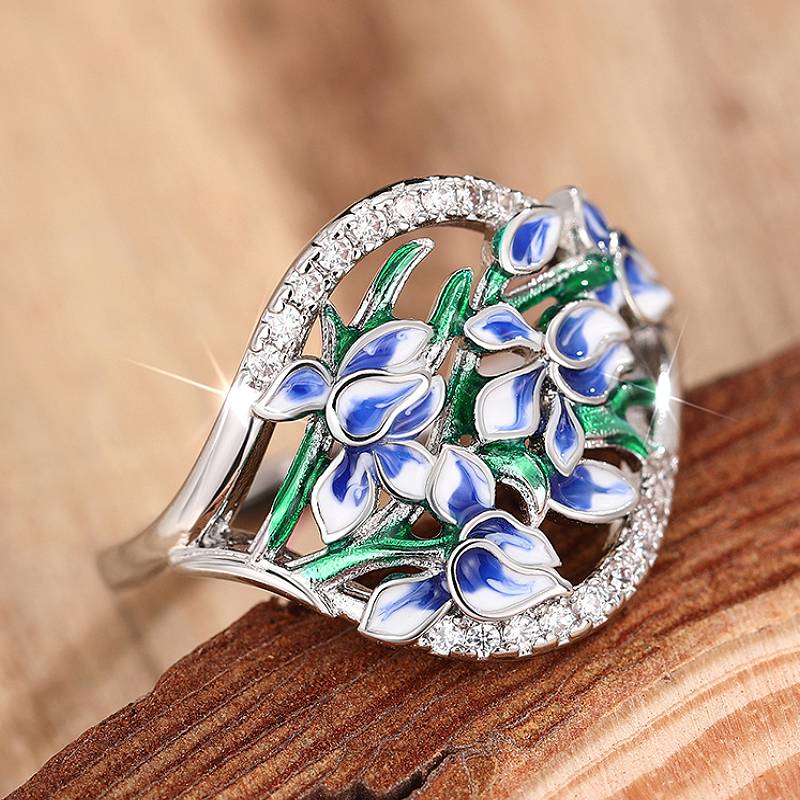 

Huitan Bouquet Design Women Ring Blue Flower Fresh Style Elegant Accessories Versatile Metal Zircon Inlaid Shiny CZ for Party 10