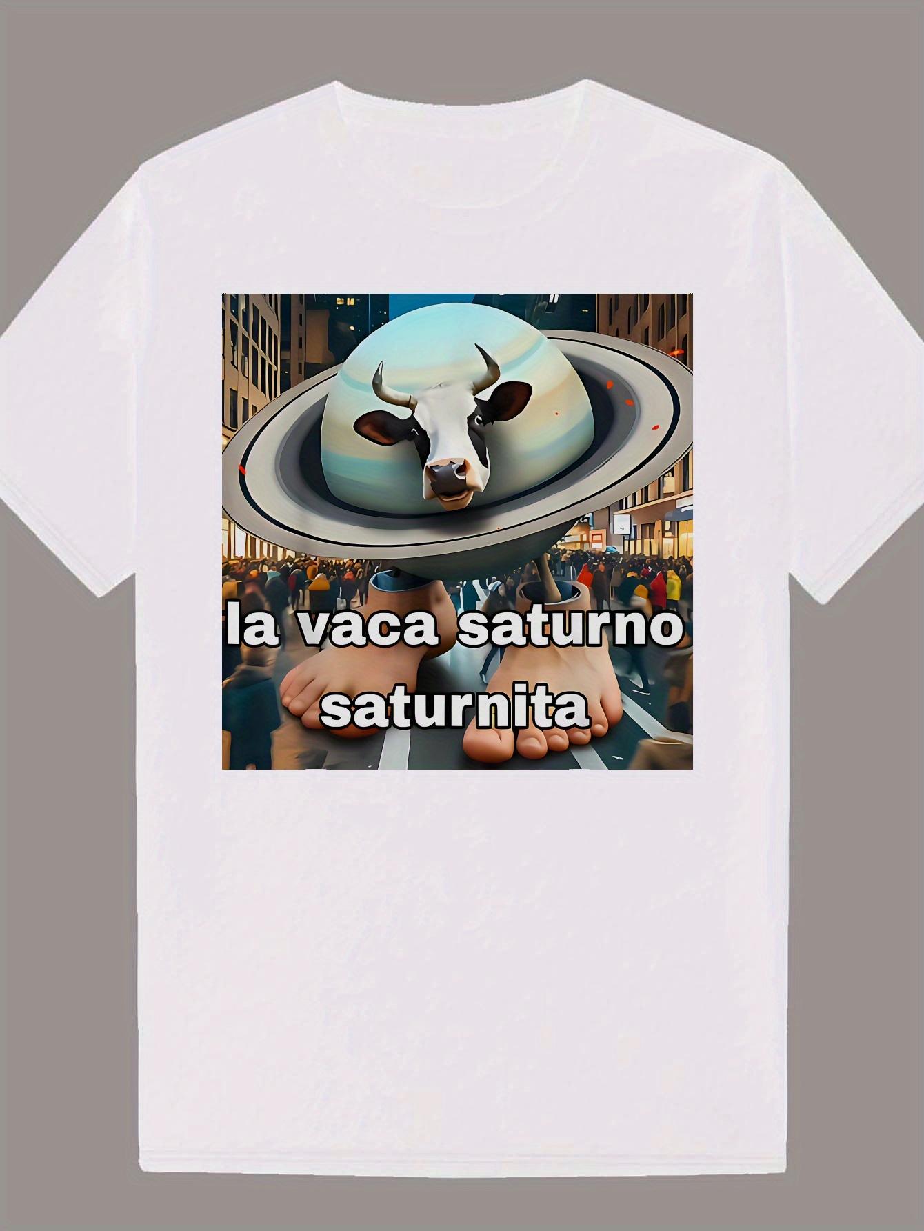 Short Sleeve T-shirt - Navy Blue Humorous Cow & for SATURN Graphic Print XXXL