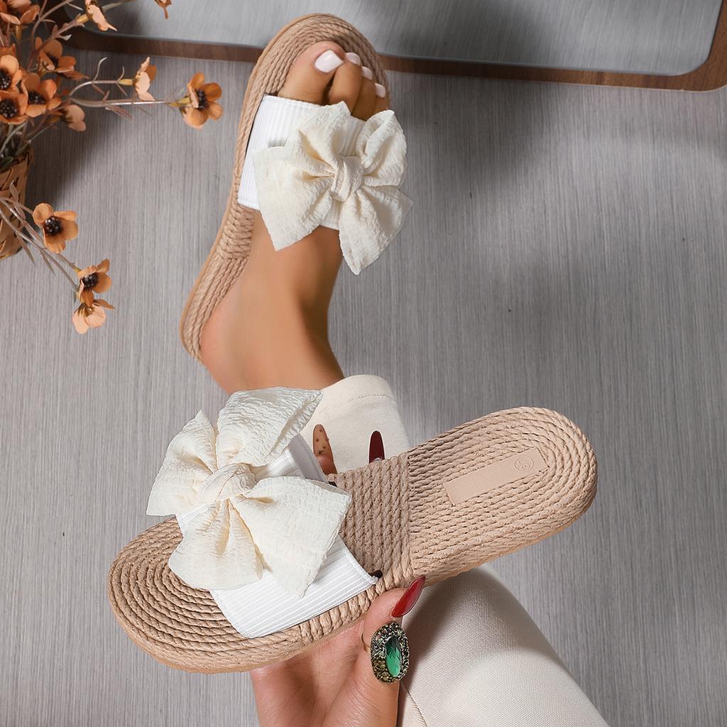 Fashion Women Slippers New Summer Casual Shoes Comfortable Flax Slippers Striped Bow Linen Platform Sandals Ladies Indoor Slides Women