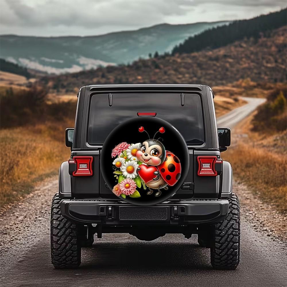Cartoon Ladybug Floral Spare Tire Cover Cute Wheel Protector Durable Polyester Cover