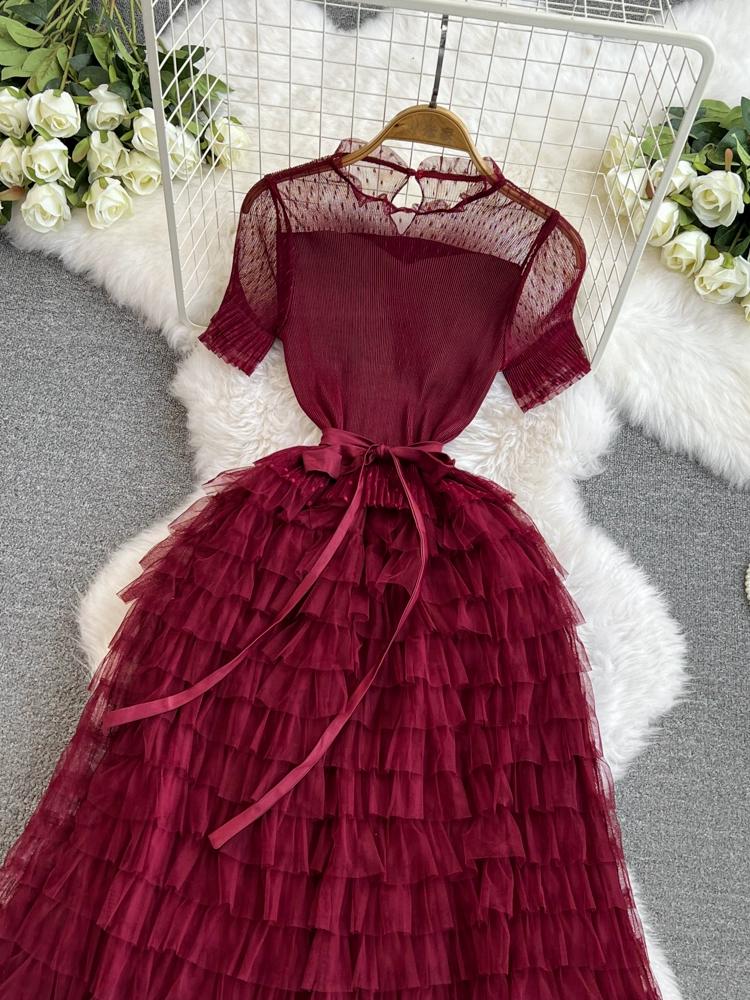 Summer Women Vintage Mesh Patchwork Cake Dresses Fashion Elastic Long Midi Party Dress