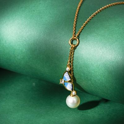Elegante Emaille Blaue Schmetterling Quaste Perlenkette mit Verstellbarer Schlüsselbein Kette