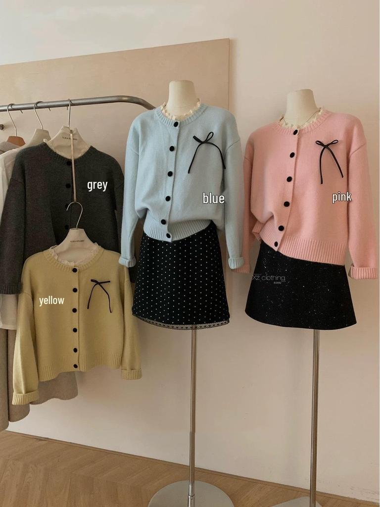Korean Lace Round Neck Knit Cardigan with Bow - Women's Early Autumn Top