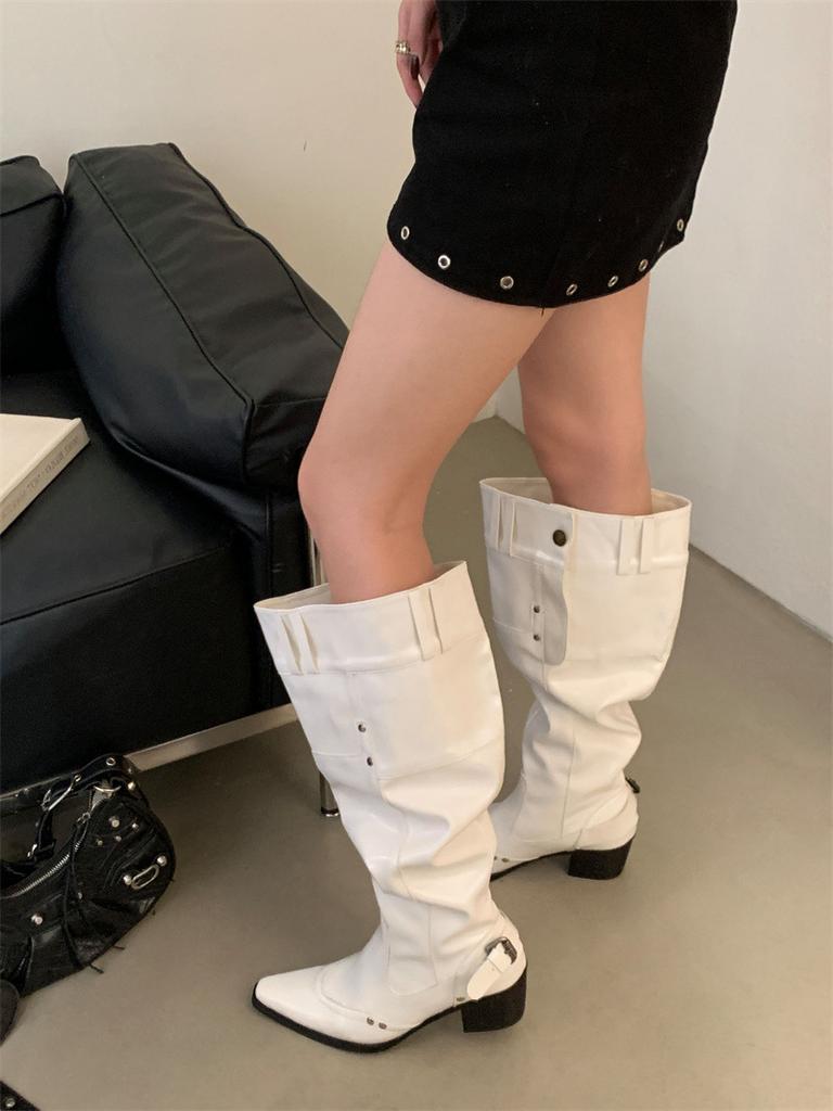 Big tube circumference boots women 2025 autumn and winter spice girls but knee boots pointed thick heel black pile boots women