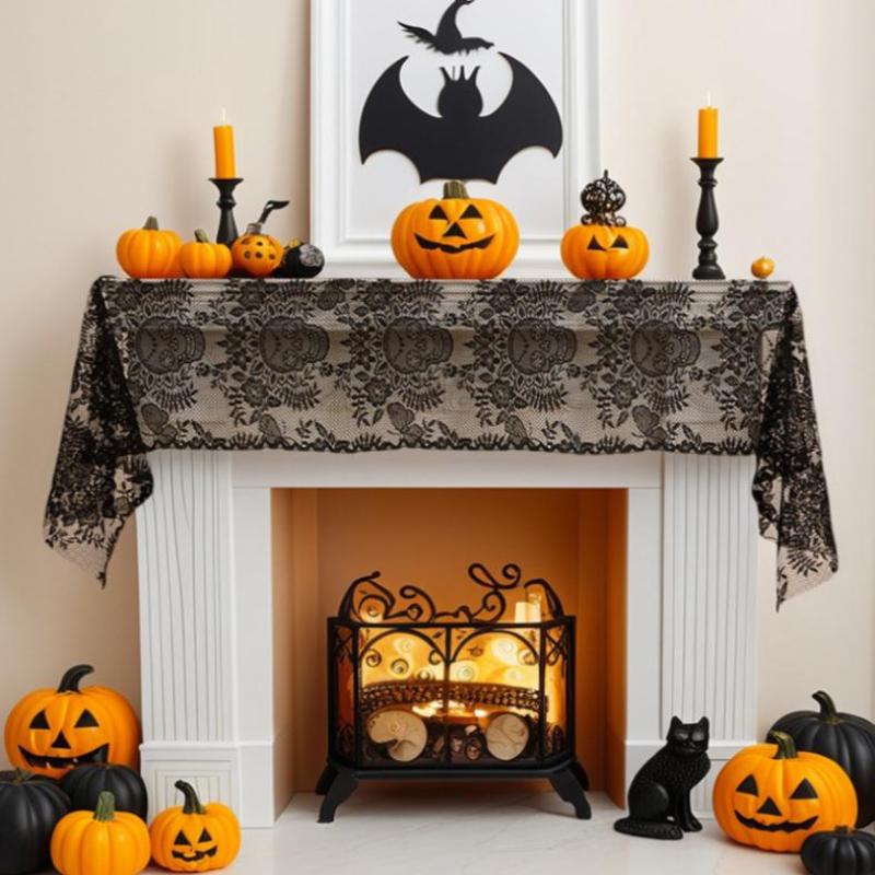 Halloween Black Lace Table Runner Halloween Table Decoration Skull Soft Table Runner Holiday Party Decoration Table Flag