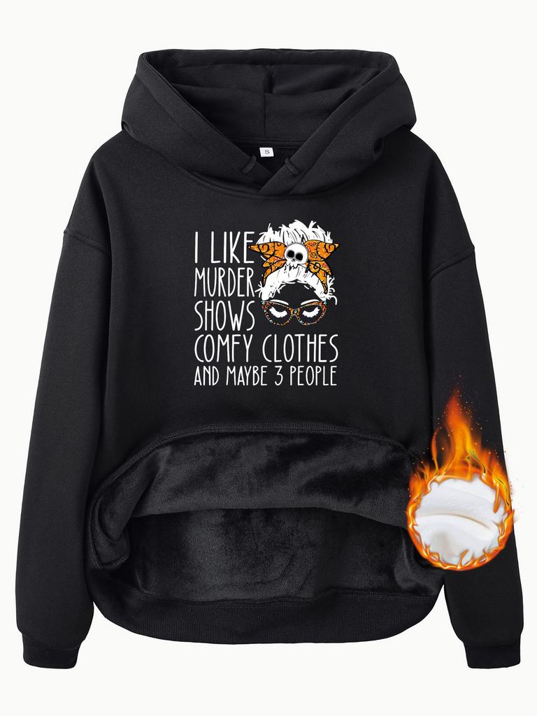 European and American Women's Kangaroo Pocket Hooded Long Sleeve Plush Sweatshirt with Print Design