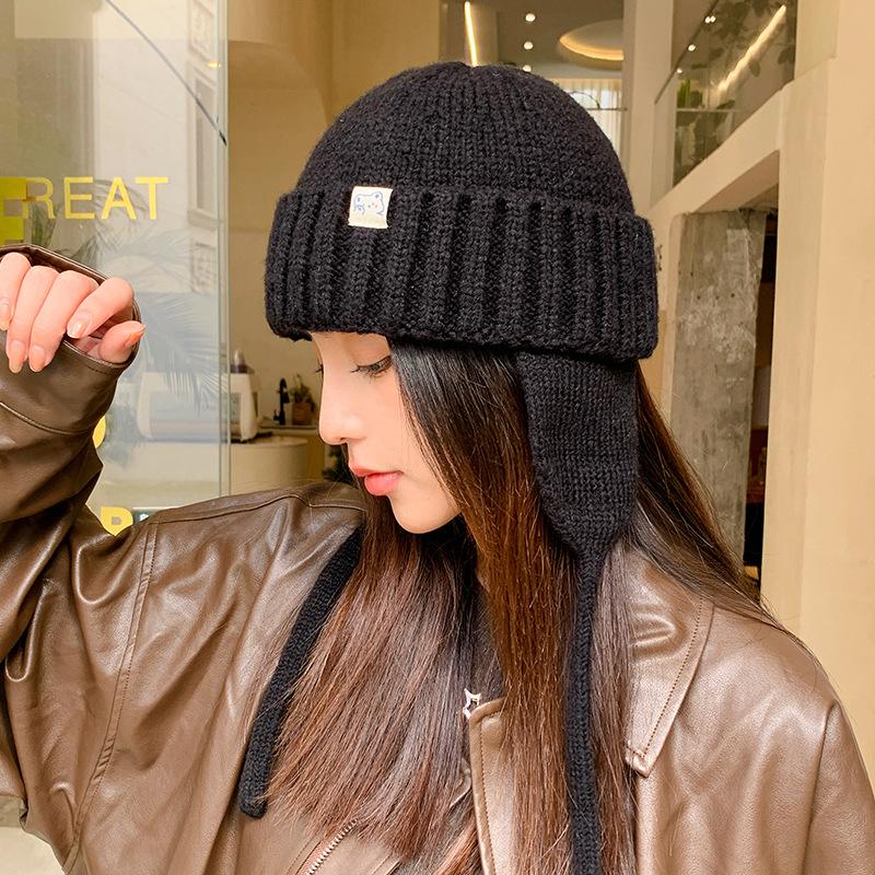 Autumn and Winter Warm Solid Color Ear Protection Knitted Hat Warm Woolen Hat Women's Casual Versatile Large Head Cold Hat Baotou Hat