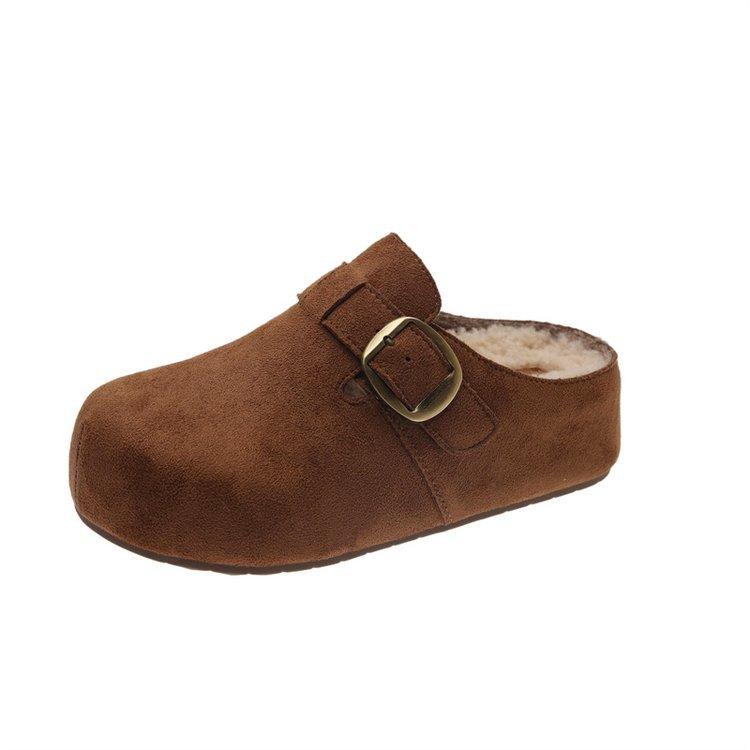 

2025 осень и зима новый матовый ретро шлепанцы Бокен на одной педали женские на толстой подошве с увеличением высоты бархатные ленивые меховые с полузакрытым носком 40 верблюд