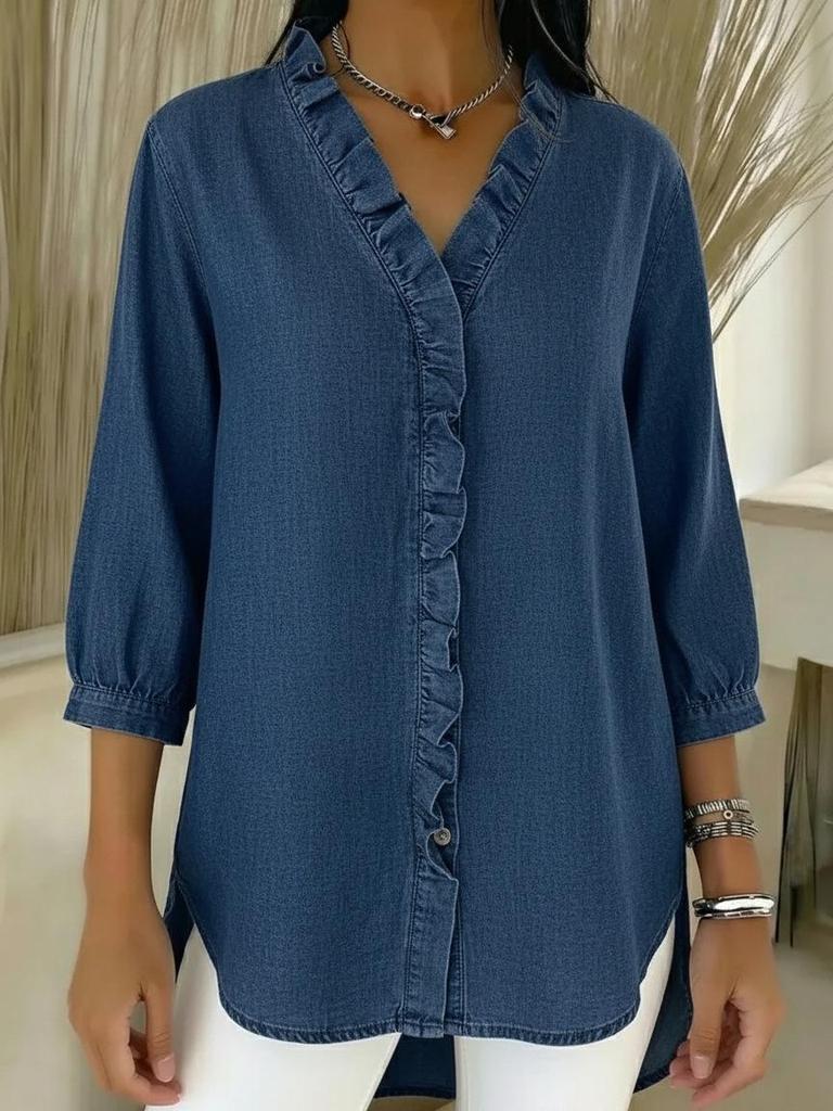 2026 Spring/Summer Women's Casual Faux Denim V-neck Ruffle Shirt Top