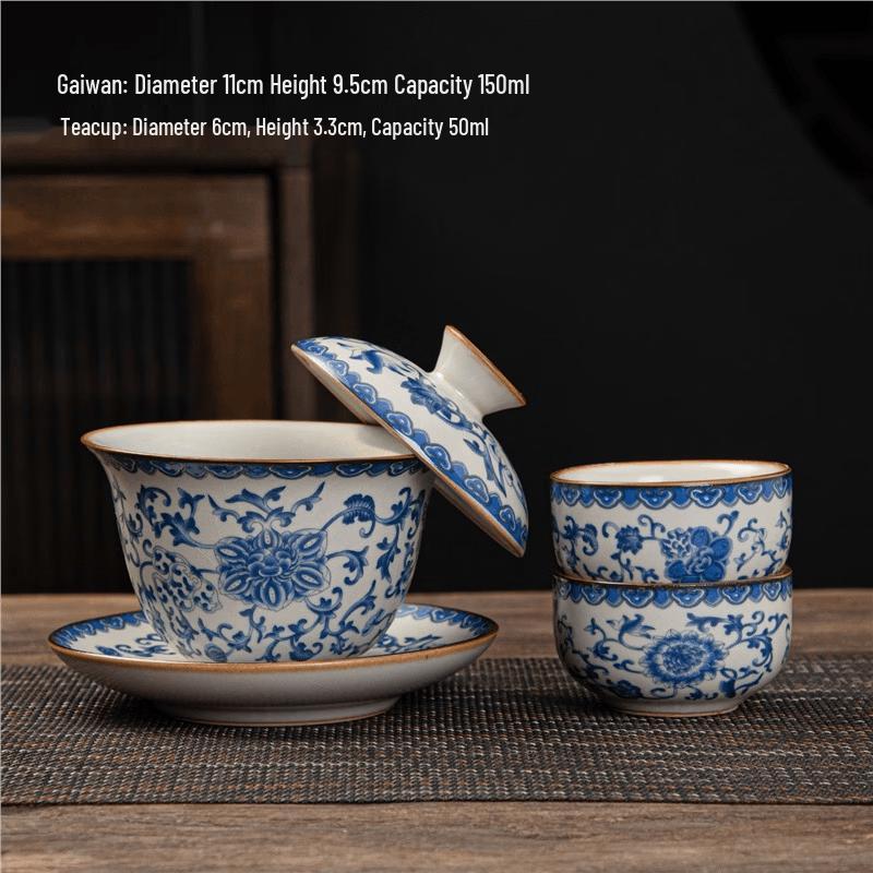 Ru Kiln Floral Gaiwan Tea Set with 2 Cups