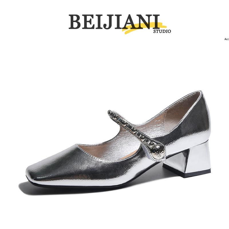 

Женские туфли Мэри Джейн на массивном серебристом каблуке BEIJIANI - Мягкая кожа, Универсальный дизайн, Квадратный носок 37 серебряный