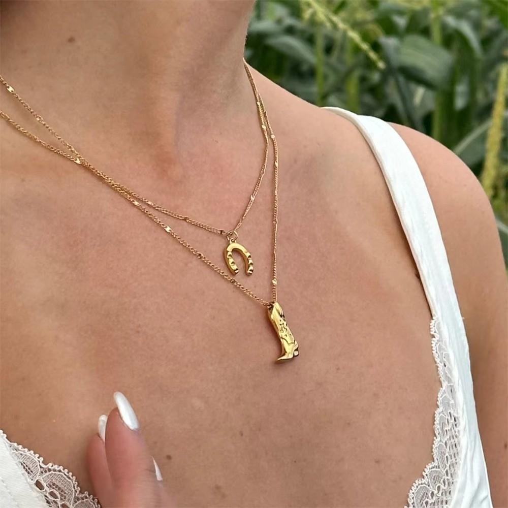 Silver Boot Cowboy Boot Necklace Stainless Steel Collarbone Chain Choker Necklace Pendant Unisex