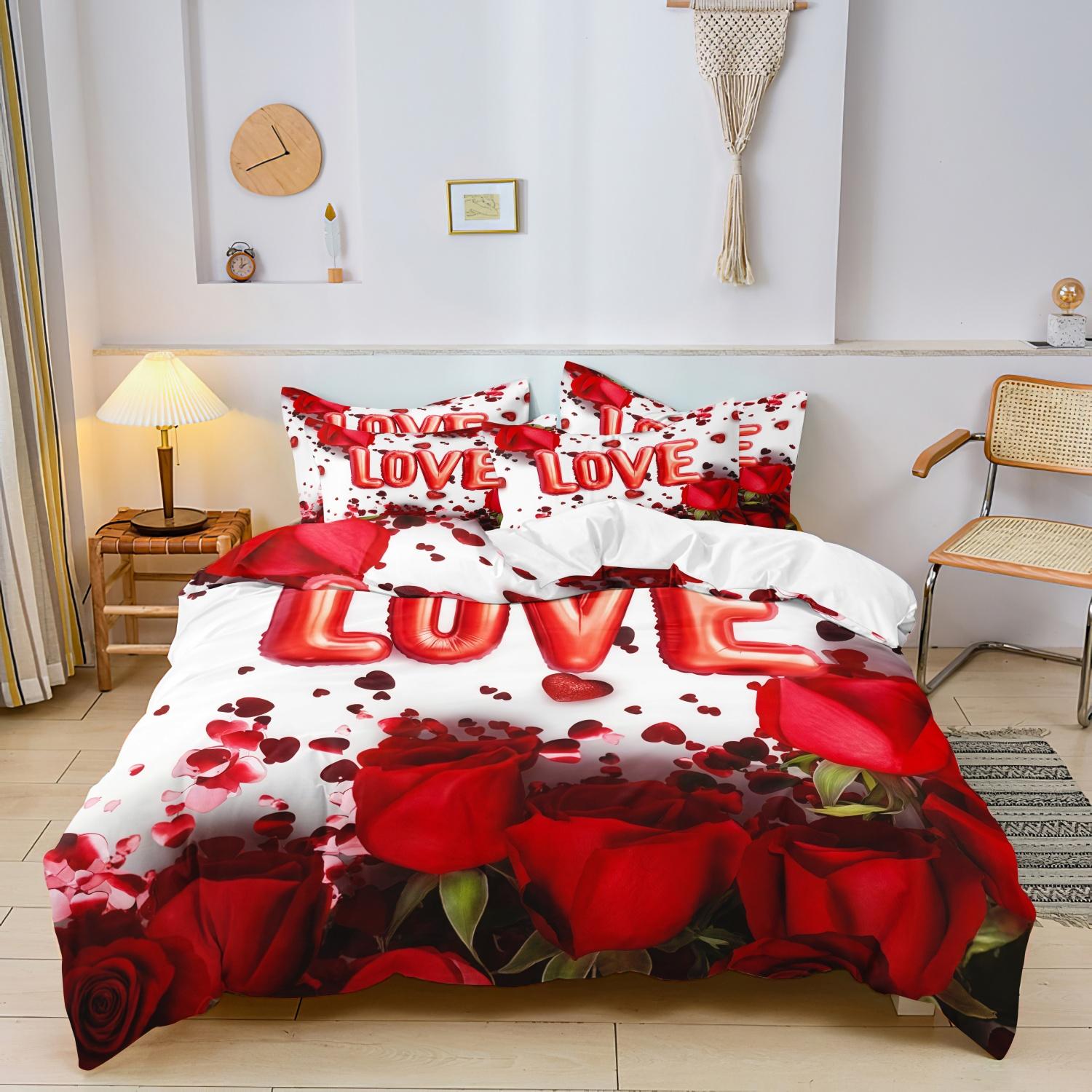 

3Pcs Romantic Love Letter Red Rose Flower Pattern Bedding Set Included 1 Duvet Cover & 2 Pillowcases For Home Dorm Hotel Decor 135x200cm