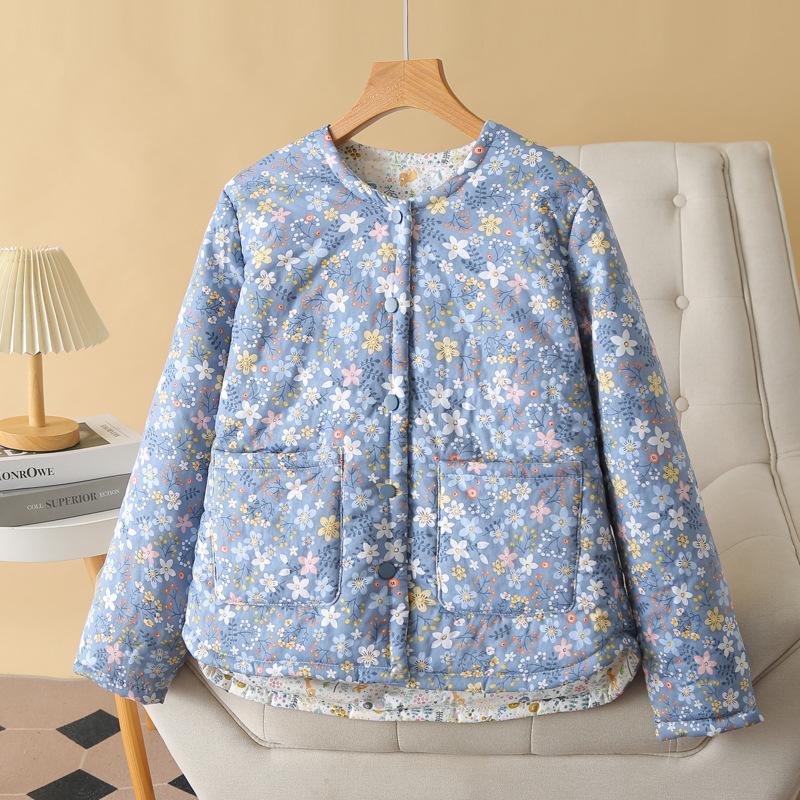 Grote Maat Dames Vintage Bloemen Warm Katoen Gevoerd Casual Winter Bovenkleding