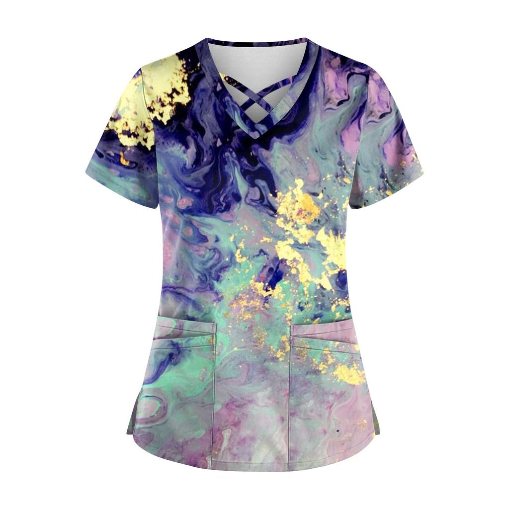 Women's Fashion V Neck Cross Printing Uniform With Pocket T-Shirt Short Sleeve Top