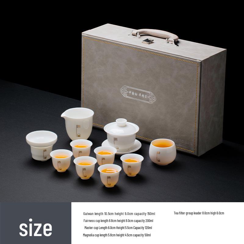 Sheep Fat Jade Porcelain Kung Fu Tea Set: Ceramic Gaiwan and Cup for Home Use - High-End Gift Box for Company Souvenir