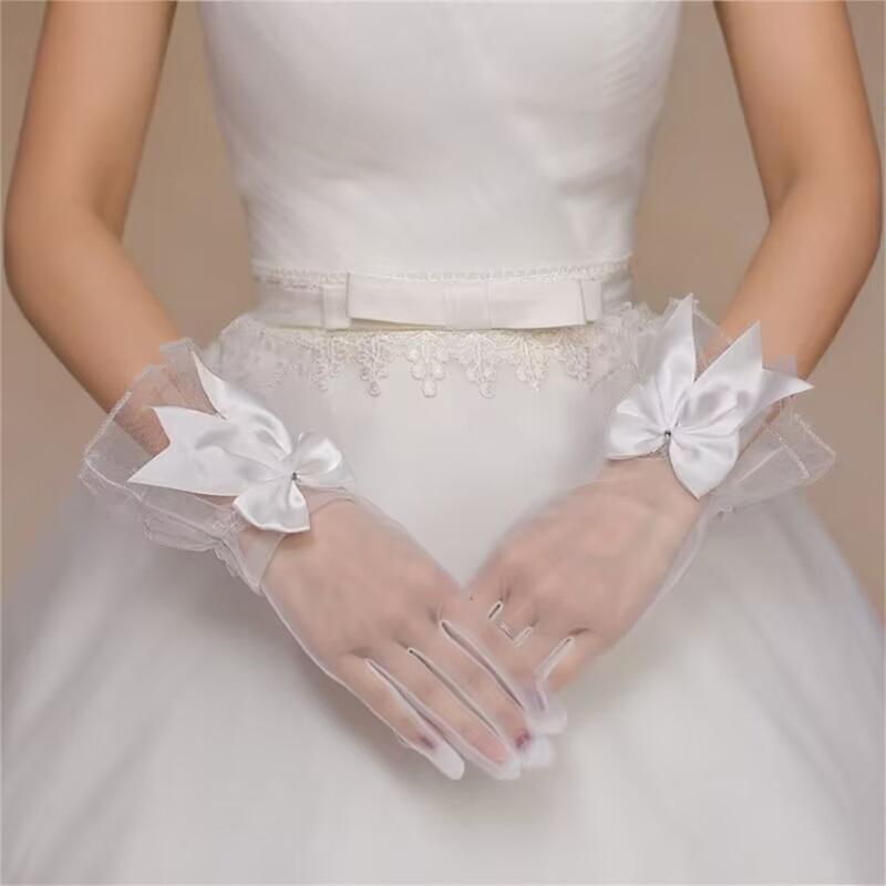 Lace Bowknot Gloves for Theme Event Female Evening Party Short Gloves Sheer Handwear for Bride Photoshooting Accessories