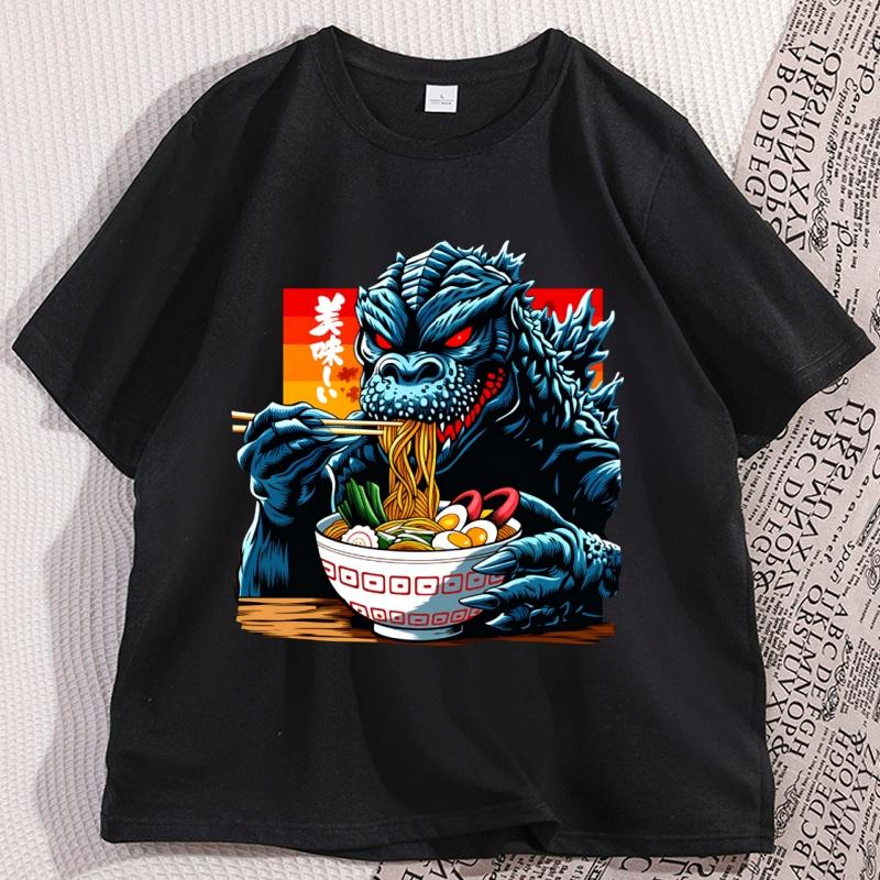 Funny Kaiju Eating Ramen Tshirt Japanese Monster Noodle Design T Shirt Anime Food Printed Tshirt Men Women Short Sleeve Tees