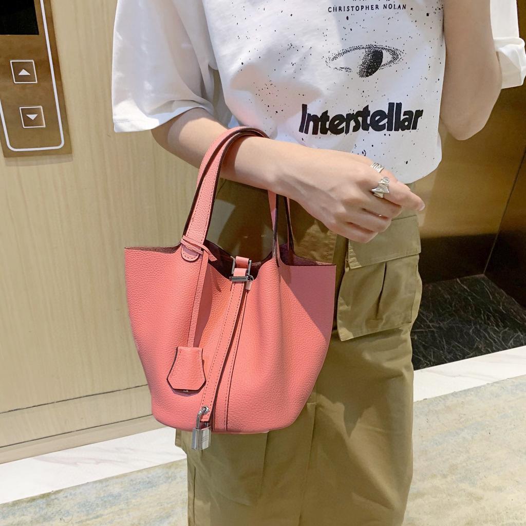 Damenhandtasche Togo-Leder Farbabstimmung Gemüsekorb Große Kapazität Handtasche Rindsleder Litschi-Muster Tasche Damen Kontrastfarbe Handtasche