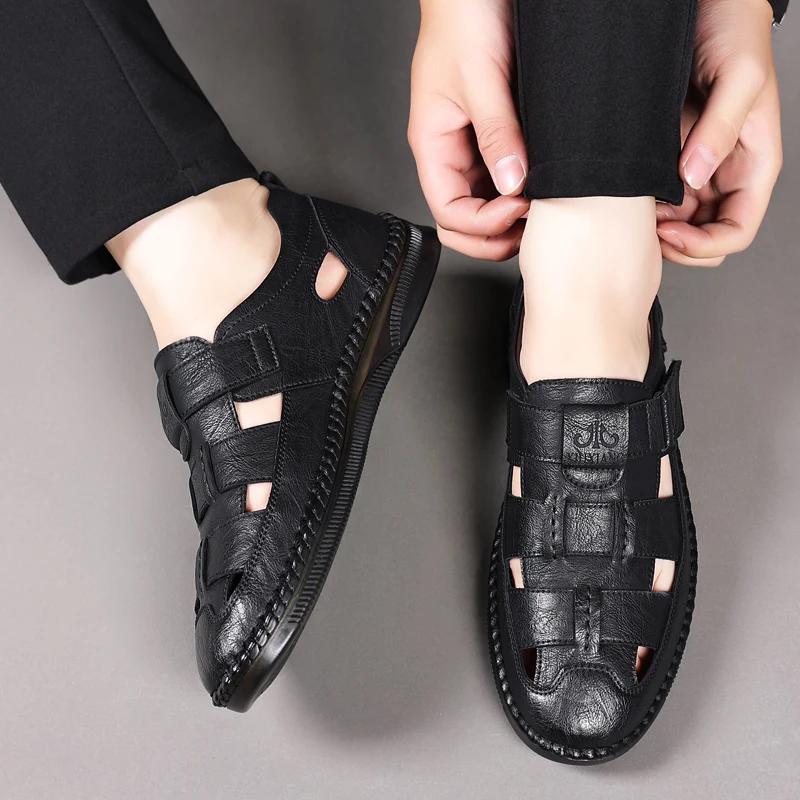 Sandalias Casuales de Cuero Nuevas Zapatos de Ocio de Verano Marca de Lujo Sandalias para Hombre Clásicos Zapatos para Caminar al Aire Libre Planos Cómodos para Hombre