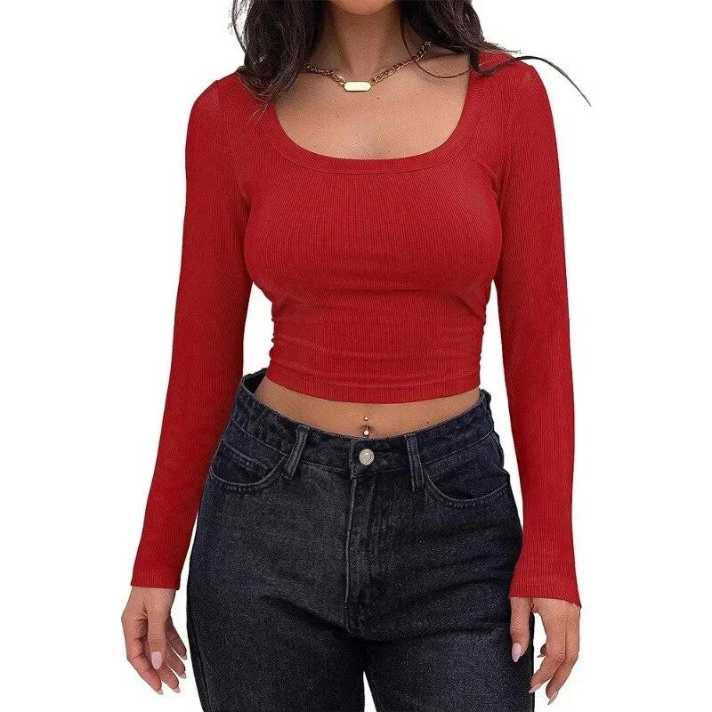 Podzimní Krátké tričko Slim Fit Žena Jednobarevné Dlouhý rukáv Sexy Dámské tričko se čtvercovým výstřihem Módní Dámské Ležérní Pletené trička Topy 30288