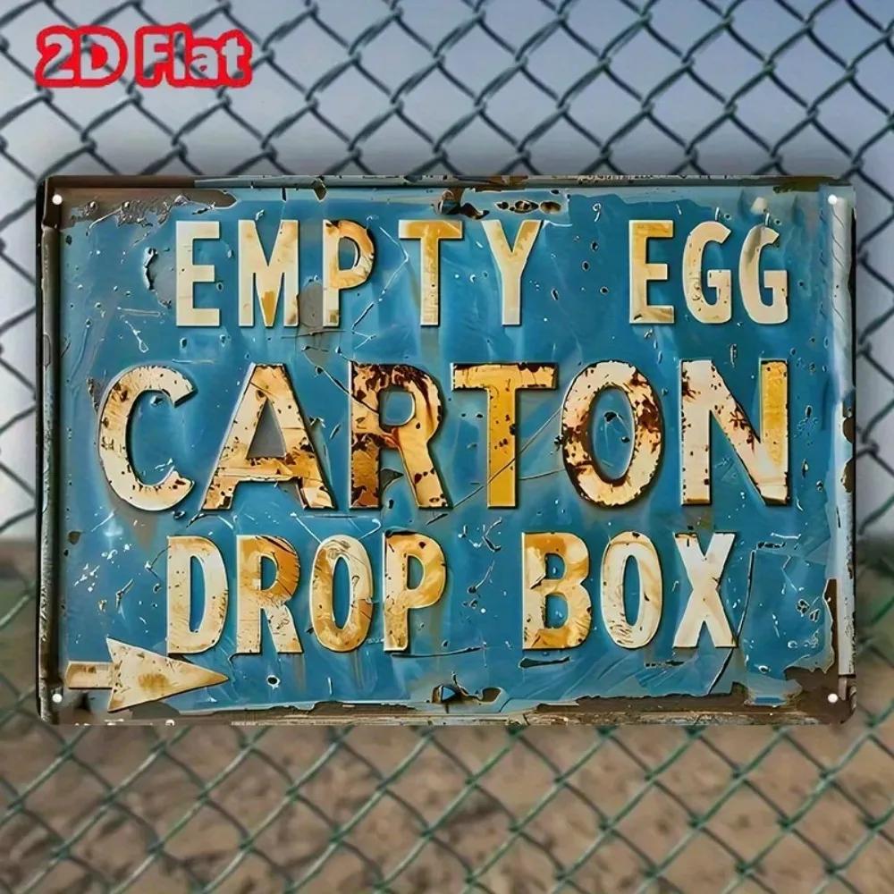 VintageEggChicken™ Charming Vintage Tin Sign with Empty Egg Carton Drop Box Quote, Retro Chicken Design, Rustic Farm Decor