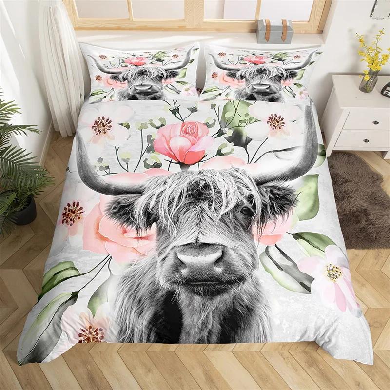 Hochlandkuh Bettbezug King-Größe Queen-Größe Westliches Bauernhoftier Steppdeckebezug Feine Mikrofaser Stier Rindvieh Floral Bettwäsche-Set