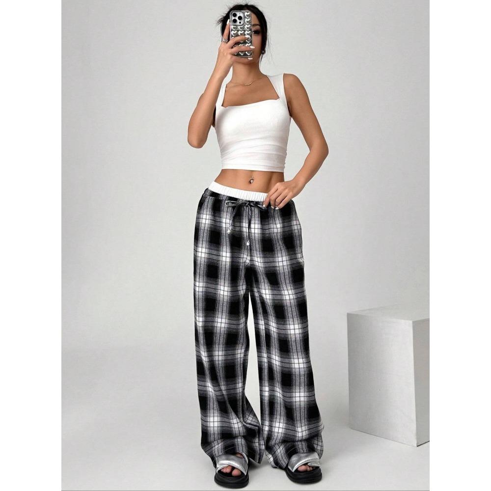 2025 New Amazon European and American Cross-border Women's Fashion Stripe Plaid Insert Color Loose Wide Leg Pants Casual Pants