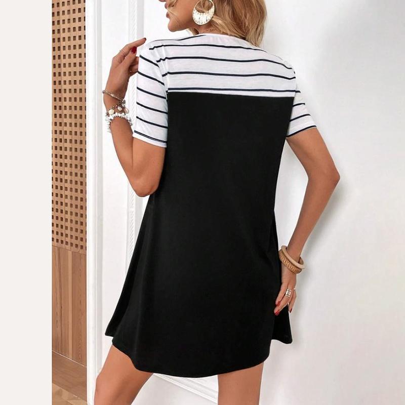 Women Summer Short Sleeve O Neck Striped Printed Loose One Piece Dress