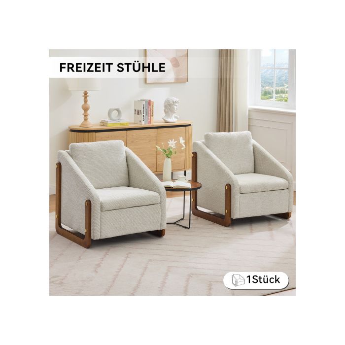 Fauteuil, Fauteuil D'appoint Pour Salon, Chaise Longue, Fauteuil Contemporain En Bois Avec Coussin De Dossier, Tissu Velours Beige