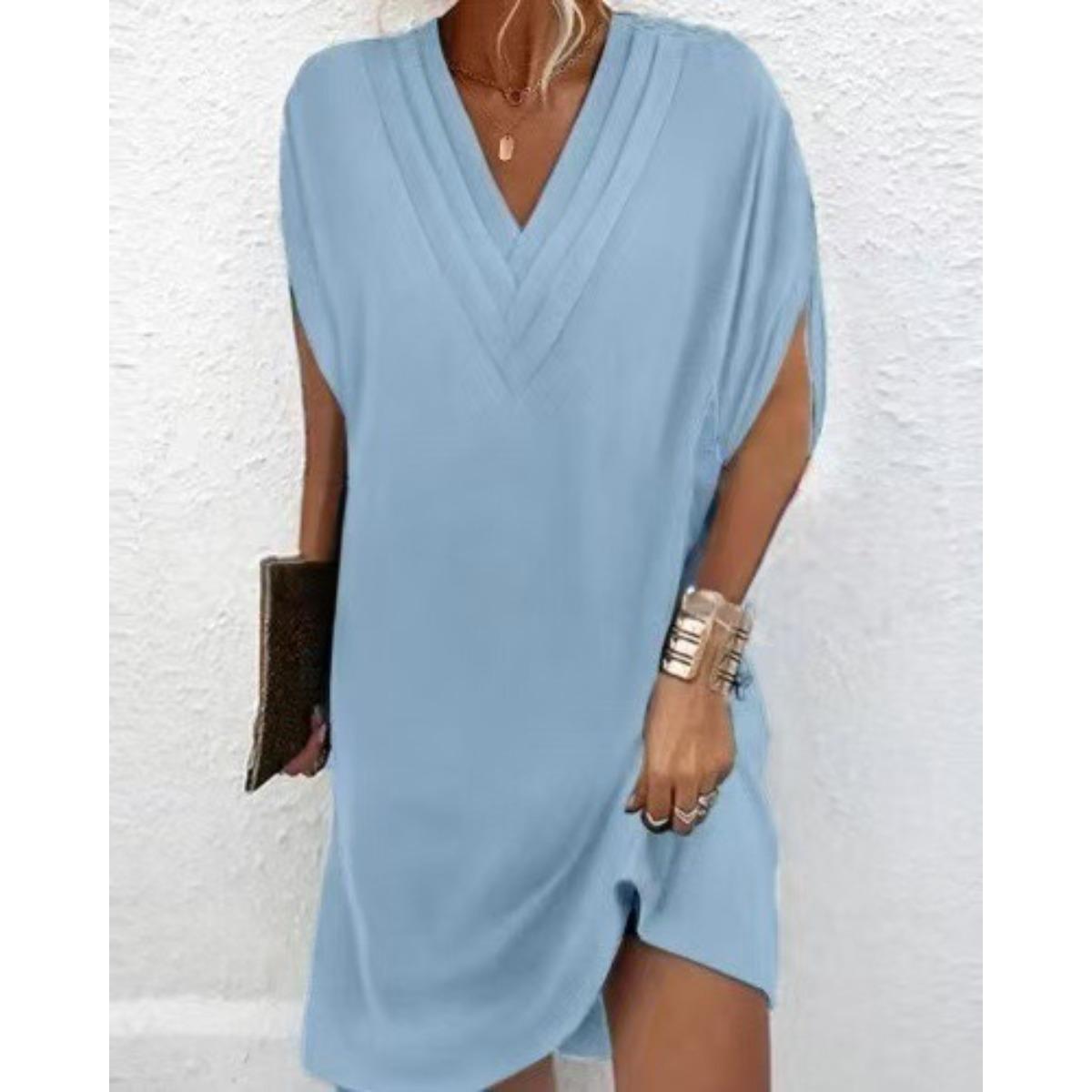 

New Arrival Women s V-neck Pleated Batwing Sleeve Dress, Spring Summer Casual Dress for Women Crossbody Ready Ship 3XL світло-синій колір